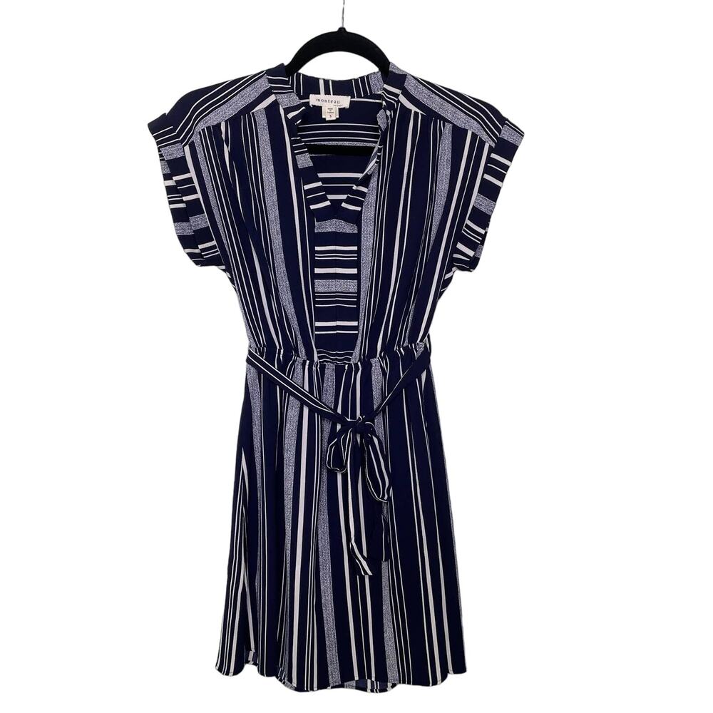 Monteau Belt A-Line Dress Striped Short Coastal Nautical Country Club Blue S